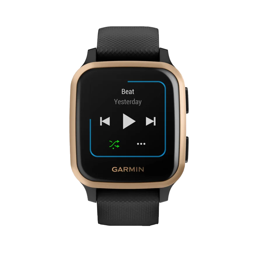Garmin Venu Sq Music, Rose Gold Aluminum Bezel with Black Case and Silicone Band (010-02426-05)