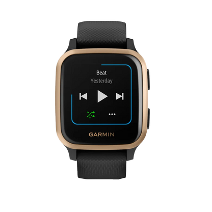 Garmin Venu Sq Music, Rose Gold Aluminum Bezel with Black Case and Silicone Band (010-02426-05)