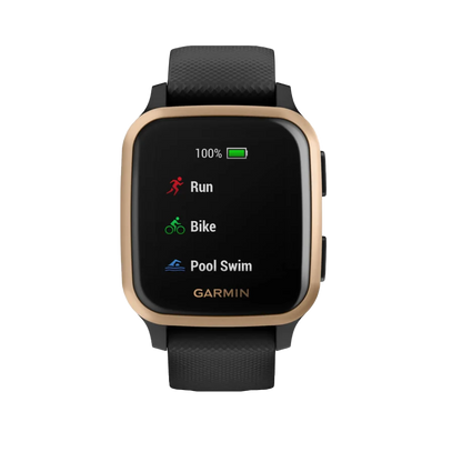 Garmin Venu Sq Music, Rose Gold Aluminum Bezel with Black Case and Silicone Band (010-02426-05)