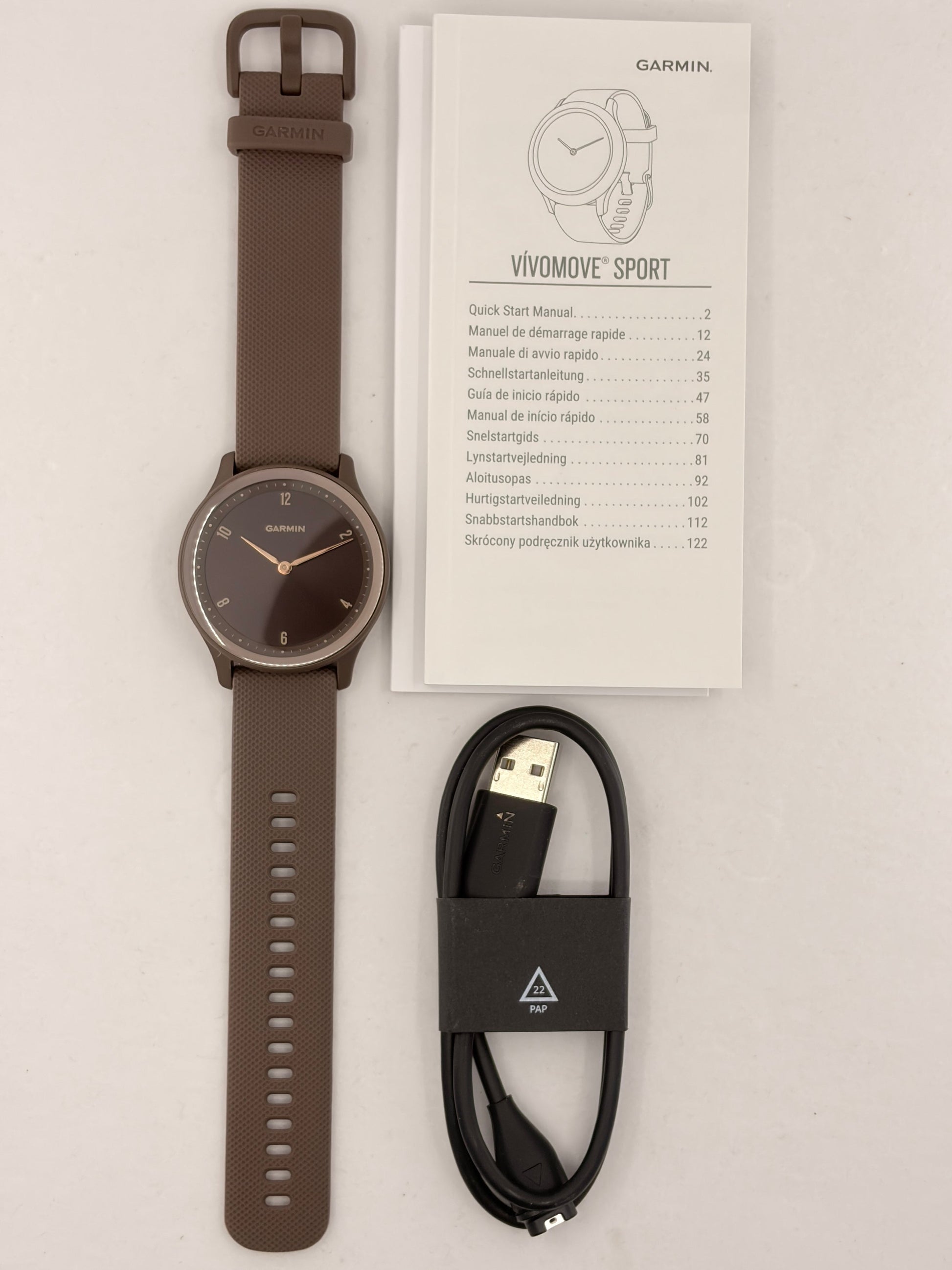 Garmin Vívomove Sport smartwatch, cocoa with peach gold accents, brown strap; refurbished with manual and USB charging cable