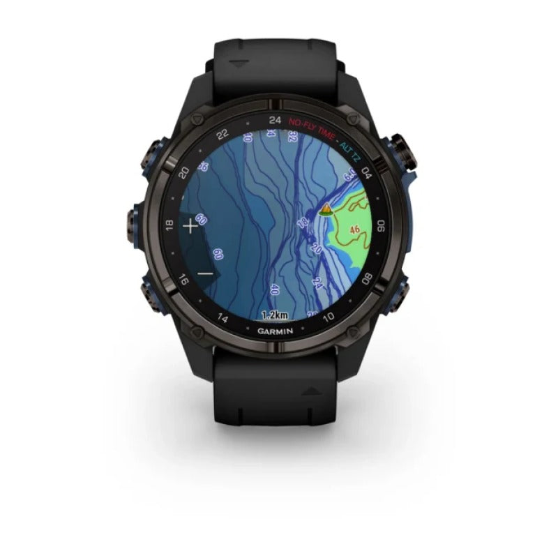Garmin Descent Mk3i dive computer with 43 mm carbon gray DLC titanium case and black silicone band