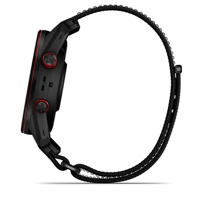 Garmin Approach S72 smartwatch with carbon gray/red 47 mm case, DLC titanium bezel and black ComfortFit fabric band
