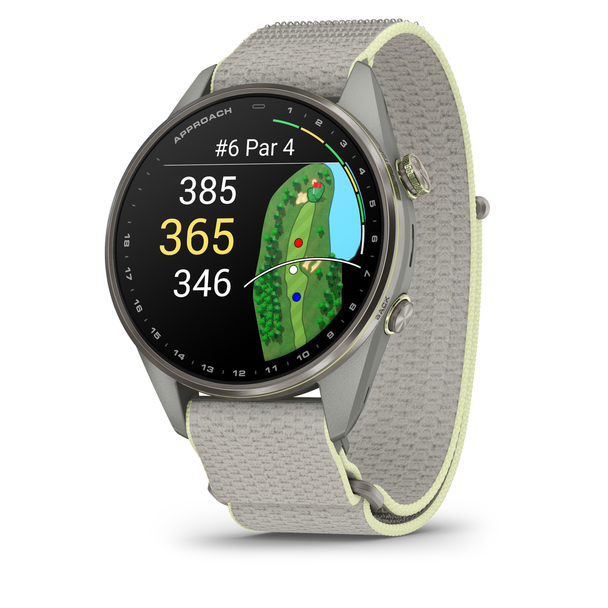 Garmin Approach S72 smartwatch, 47 mm silver/citron titanium bezel with fog gray/citron ComfortFit fabric band