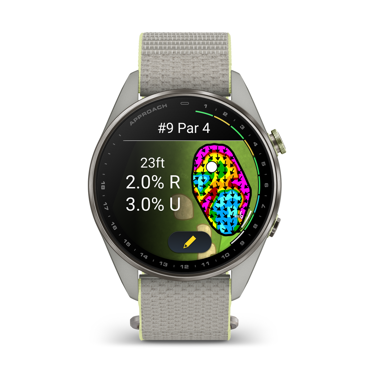 Garmin Approach S72 smartwatch, 47 mm silver titanium bezel with fog gray/citron ComfortFit fabric band.