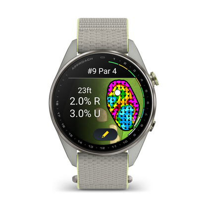 Garmin Approach S72 smartwatch, 47 mm silver titanium bezel with fog gray/citron ComfortFit fabric band.
