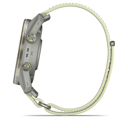 Garmin Approach S72 smartwatch with 47 mm silver/citron titanium bezel and fog gray/citron ComfortFit fabric band