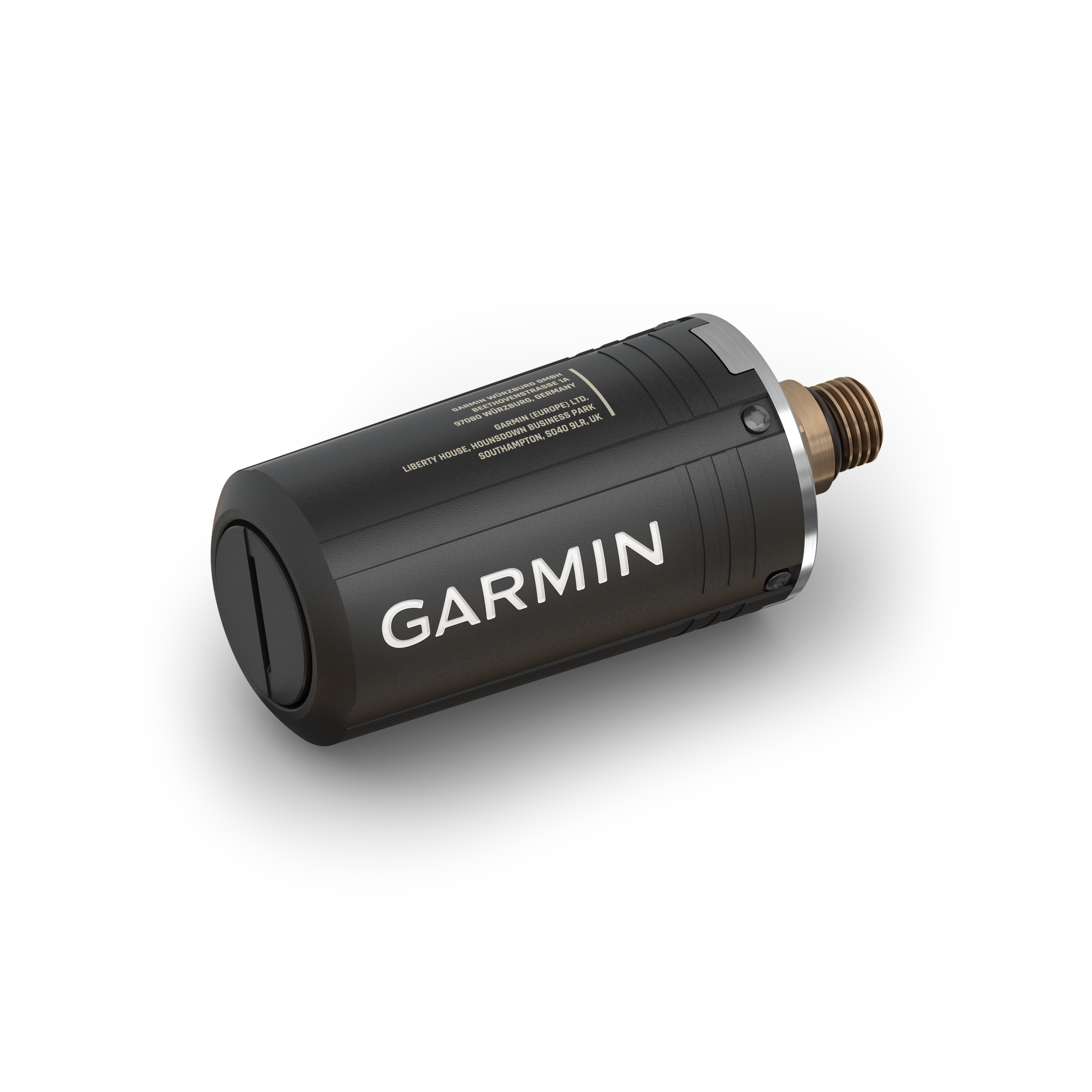 Garmin Descent T2 Transceiver, black cylindrical dive computer accessory with brass threaded connector