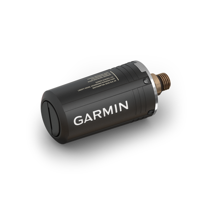Garmin Descent T2 Transceiver, black cylindrical dive computer accessory with brass threaded connector