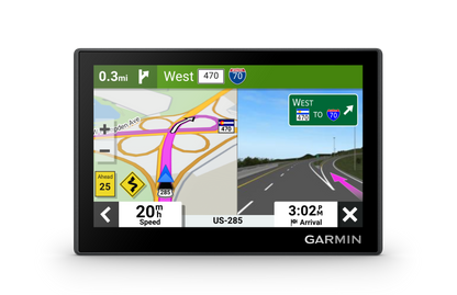 Garmin Drive 53 GPS navigation device with map screen showing West 470 and I-70 highway signs