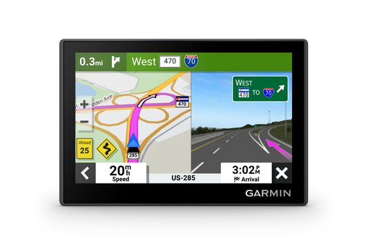 Garmin Drive 53 GPS navigation device with map screen showing West 470 and I-70 highway signs