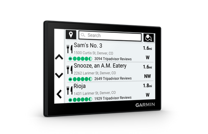Garmin Drive 53 GPS navigation device displaying nearby restaurants with TripAdvisor reviews.