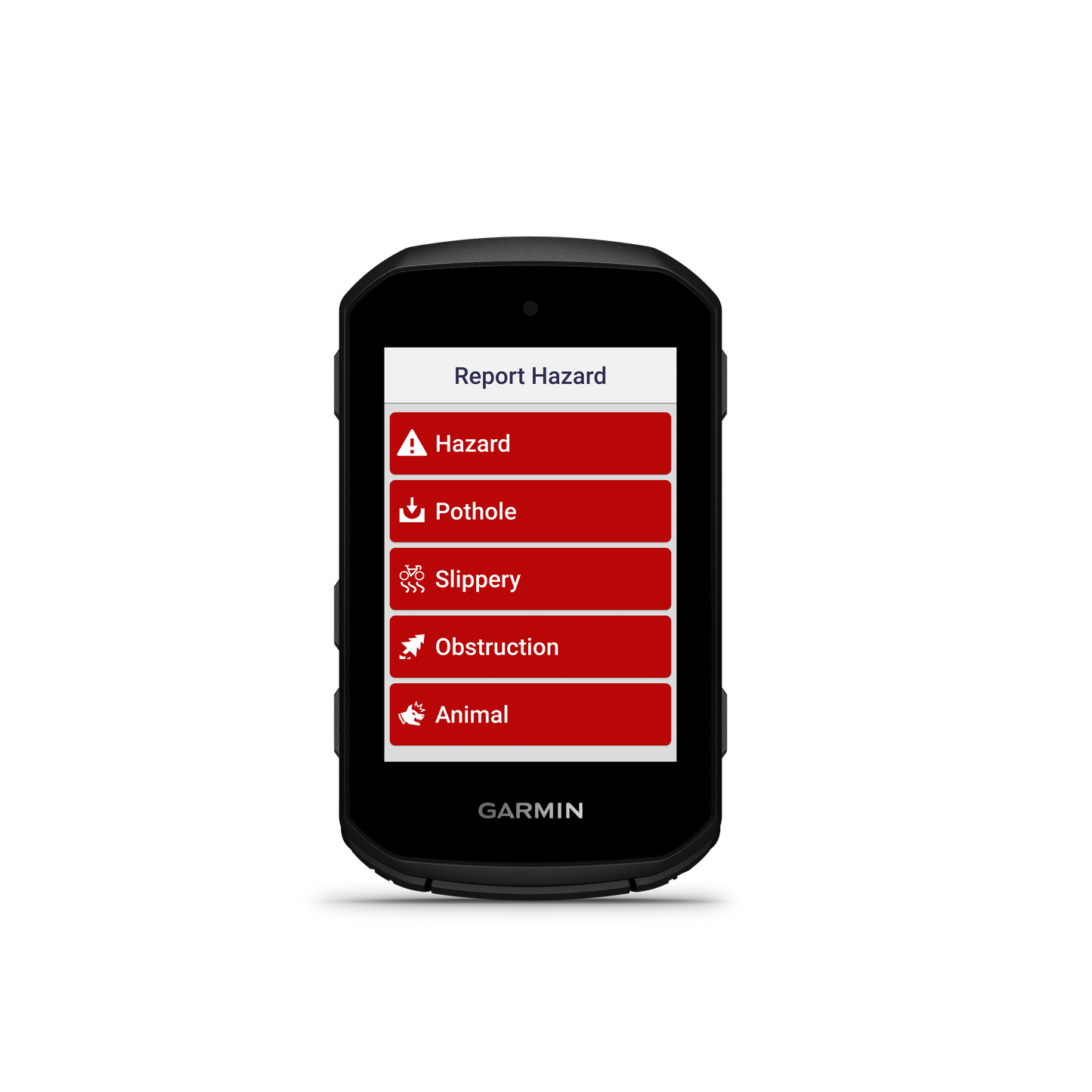 Garmin Edge 550 GPS navigation device; black handheld with screen showing a hazard list