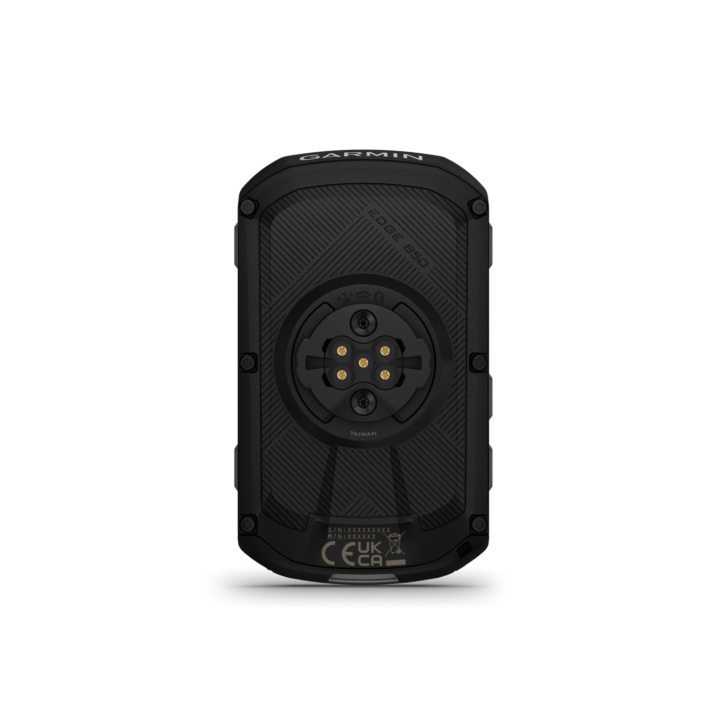 Garmin Edge 850 device-only rear view; black bicycle computer with gold charging pins and Garmin logo strap