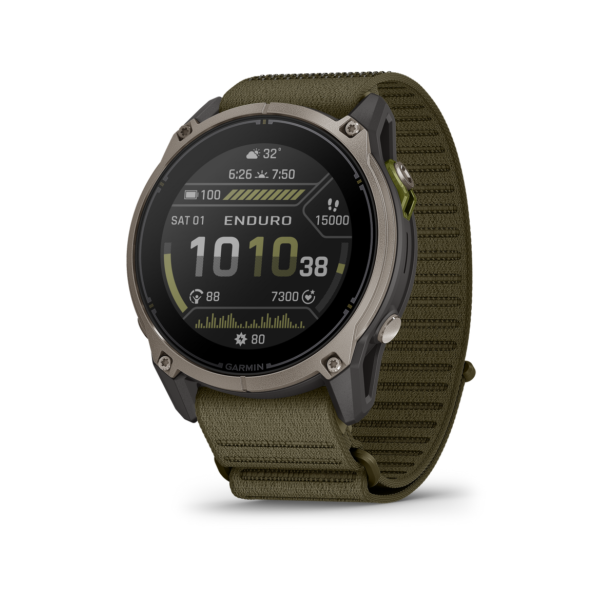 Garmin Enduro 4 smartwatch with gray bezel and olive band, ultraperformance GPS