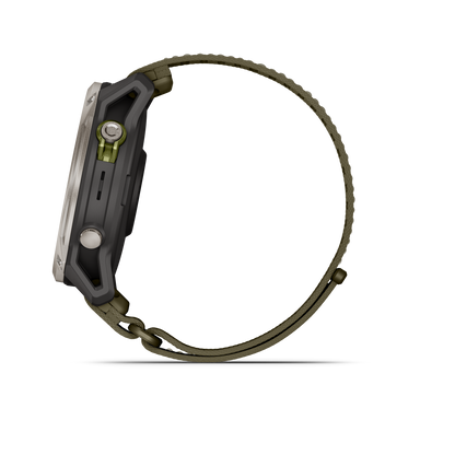 Garmin Enduro 4 GPS smartwatch with gray body and olive paracord strap