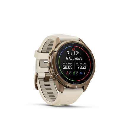 Garmin Fenix 9 Pro AMOLED, (43mm), Gold Titanium w/ Cream and Gray Silicone Band (010-04335-25)