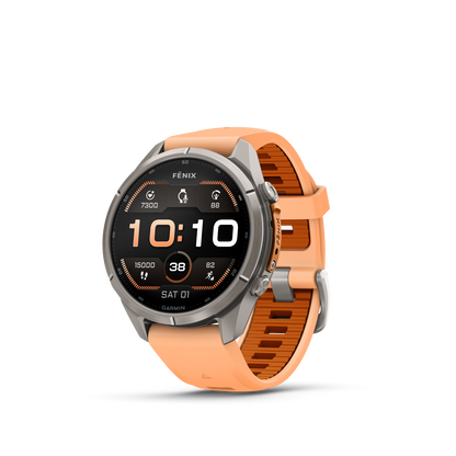 Garmin Fenix 9 Pro AMOLED, (43mm), Titanium w/ Pink and Orange Silicone Band (010-04335-05)