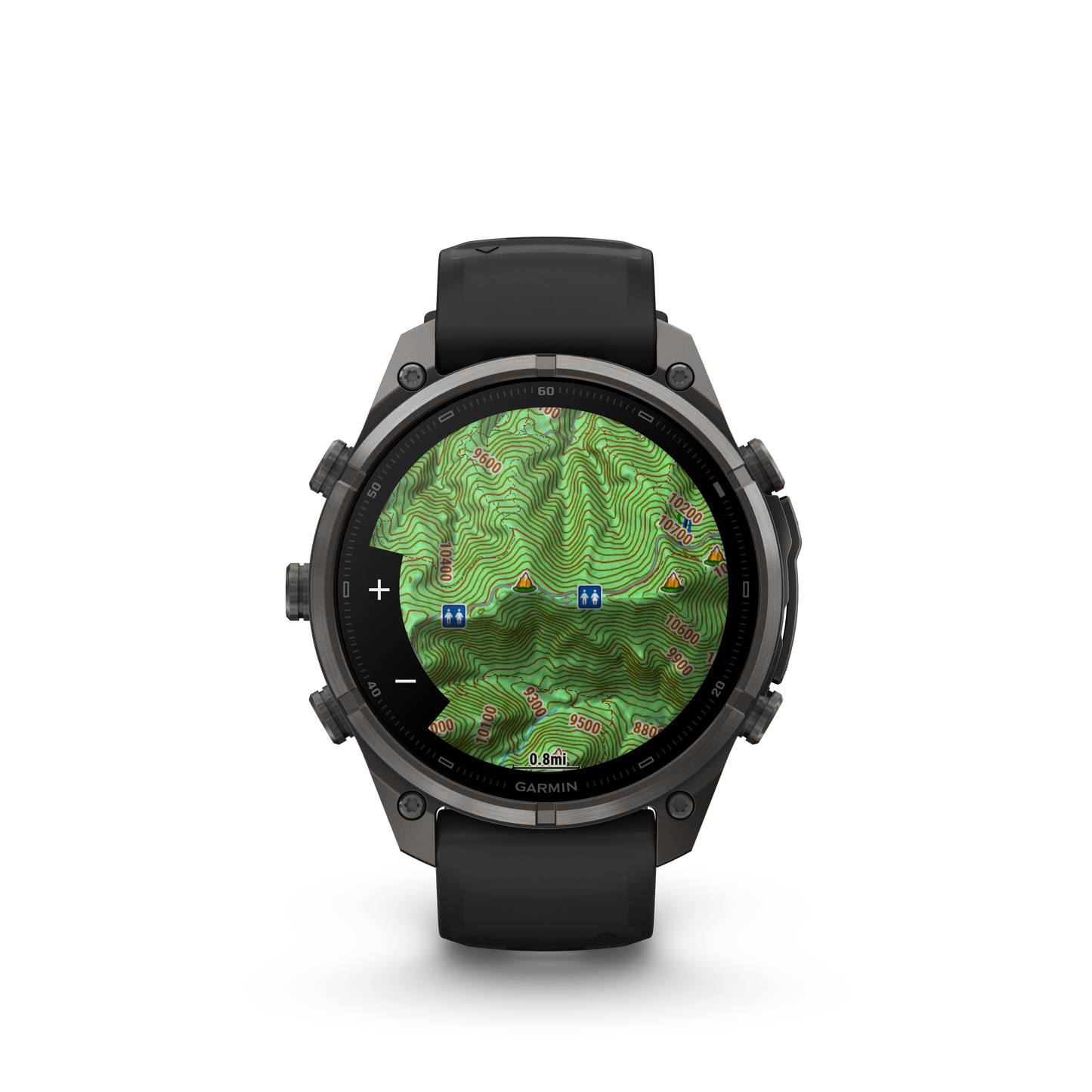 Garmin Fenix 9 Pro AMOLED 47mm DLC Titanium smartwatch with black/gray silicone band and map display