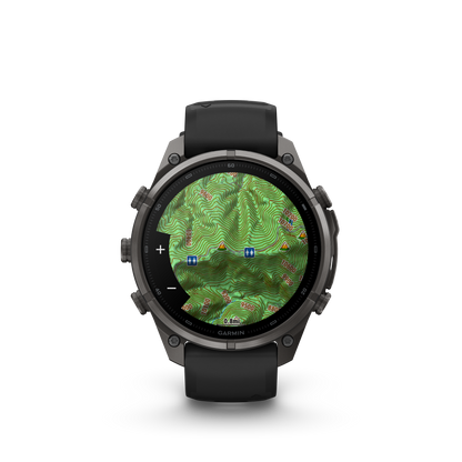 Garmin Fenix 9 Pro AMOLED 47mm DLC Titanium smartwatch with black/gray silicone band and map display