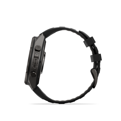 Garmin Fenix 9 Pro AMOLED 47mm DLC titanium smartwatch with black and gray silicone band
