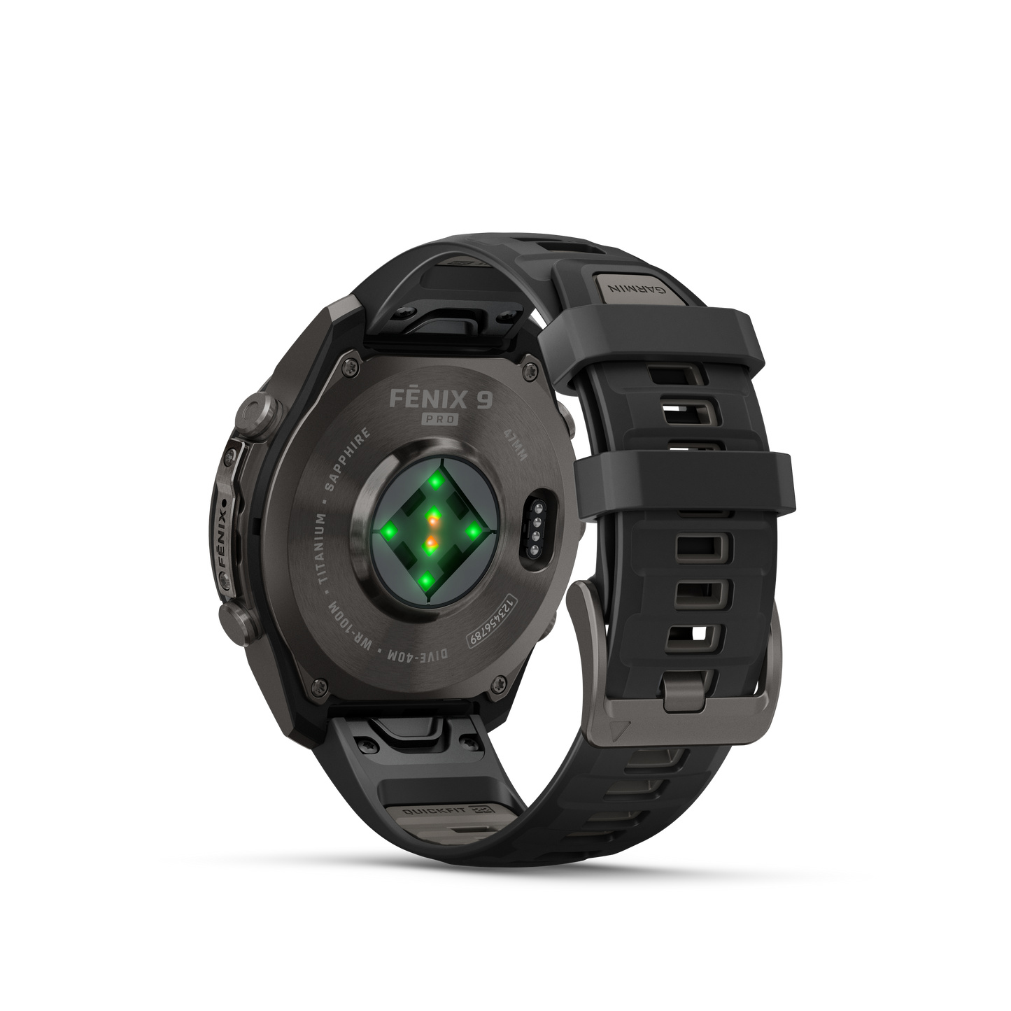 Garmin Fenix 9 Pro DLC Titanium 47mm smartwatch with black and gray silicone band
