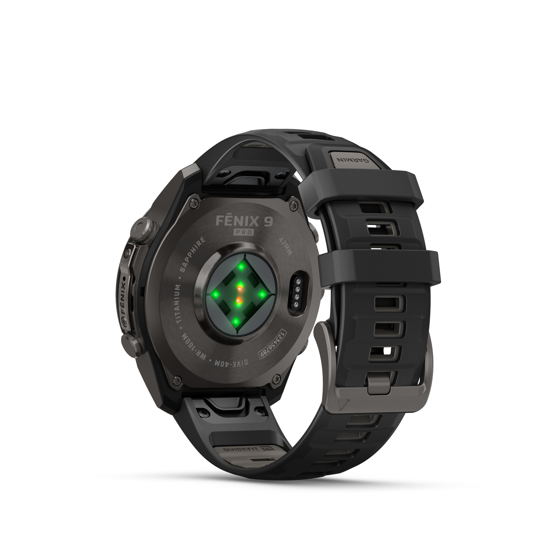 Garmin Fenix 9 Pro DLC Titanium 47mm smartwatch with black and gray silicone band