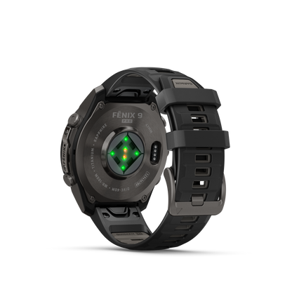 Garmin Fenix 9 Pro DLC Titanium 47mm smartwatch with black and gray silicone band