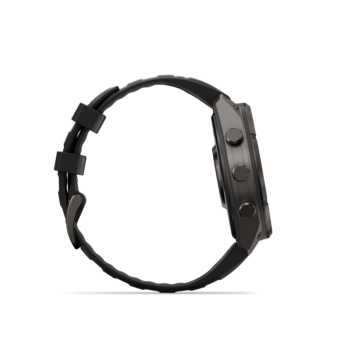 Garmin Fenix 9 Pro AMOLED 47mm DLC Titanium smartwatch with black and gray silicone band.