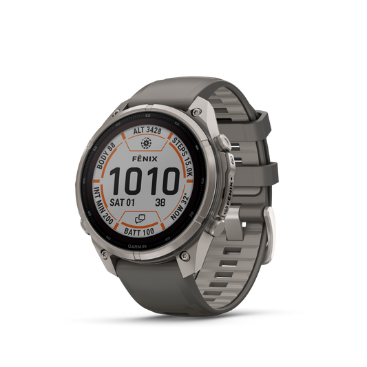 Garmin Fenix 9 Pro inReach Solar titanium smartwatch with 47mm case and gray-silver silicone band