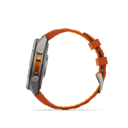 Garmin Fenix 9 Pro inReach AMOLED smartwatch, 47mm titanium case with orange silicone band.