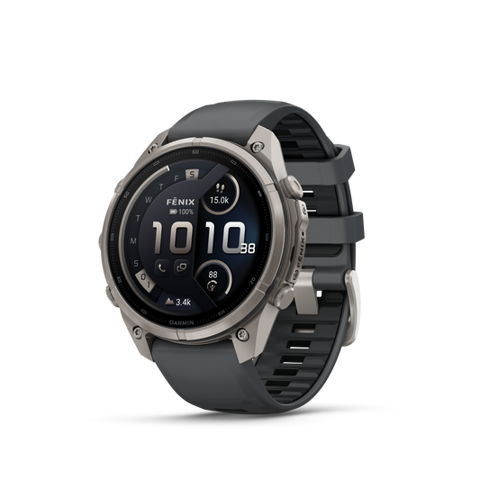 Garmin Fenix 9 Pro inReach AMOLED 47mm titanium smartwatch with graphite bezel and black silicone band