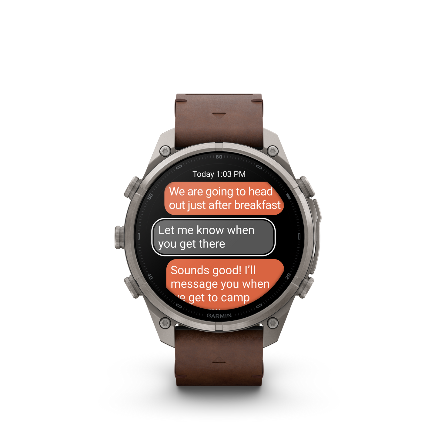 Garmin Fenix 9 Pro inReach AMOLED 47mm titanium smartwatch with walnut leather band and rugged bezel