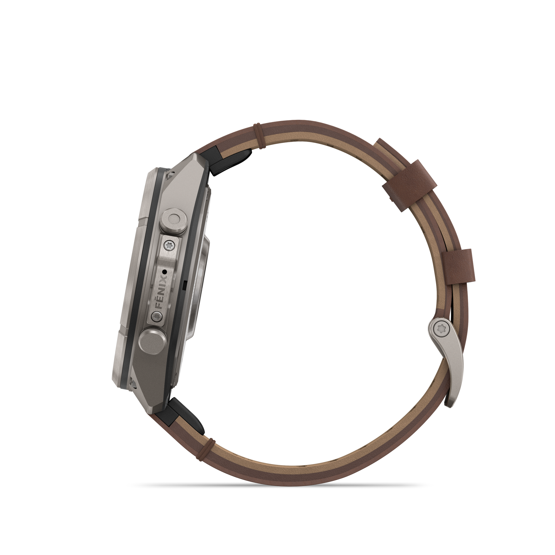 Garmin Fenix 9 Pro inReach AMOLED smartwatch, 47mm titanium case with walnut leather strap.