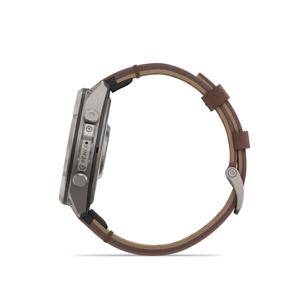 Garmin Fenix 9 Pro inReach AMOLED smartwatch, 47mm titanium case with walnut leather strap.