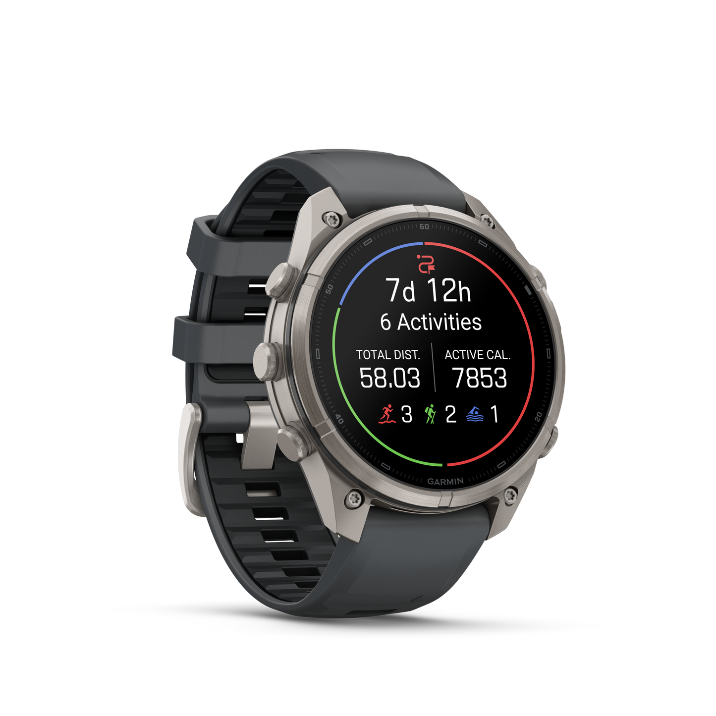 Garmin Fenix 9 Pro AMOLED smartwatch, 47mm titanium case with graphite and black silicone band.