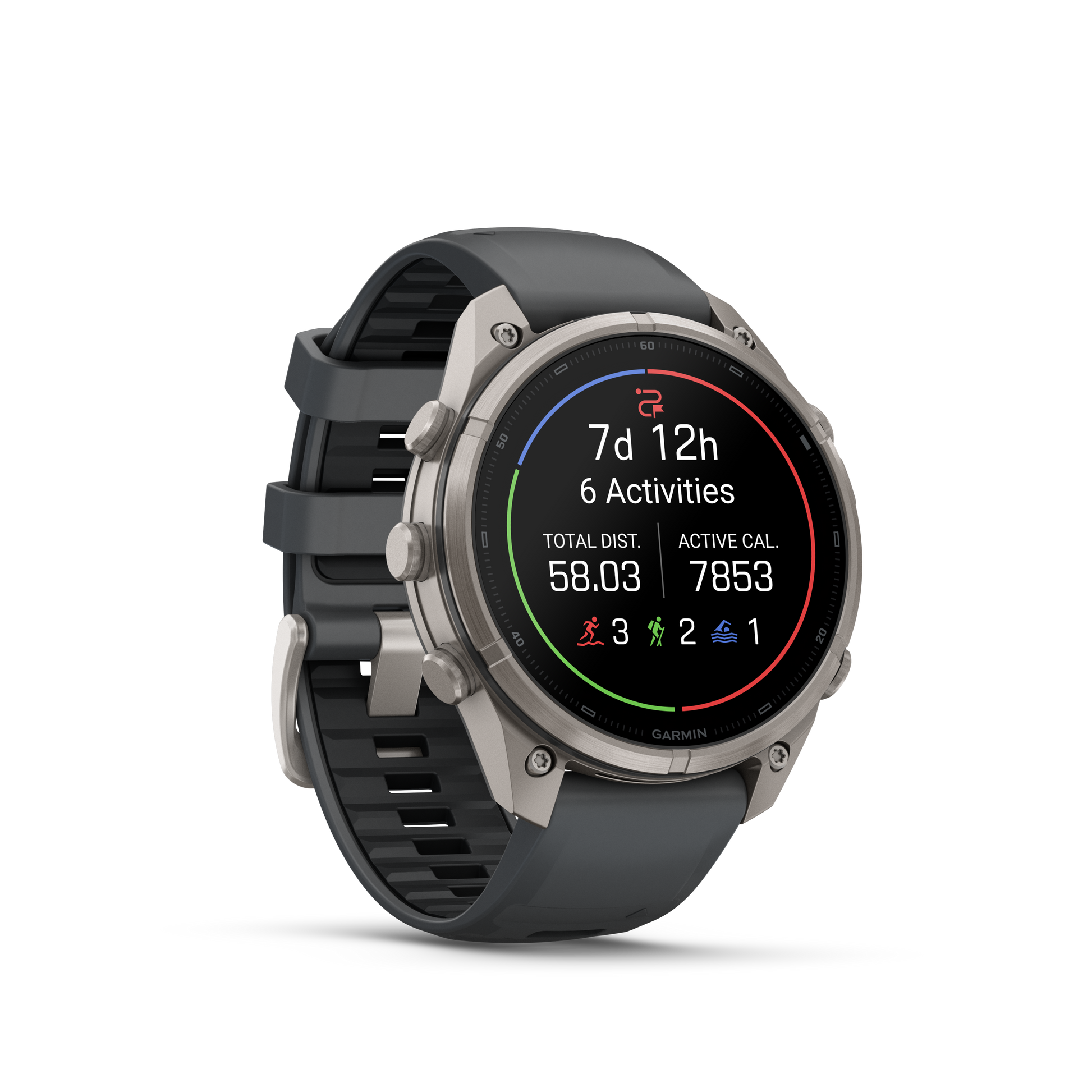 Garmin Fenix 9 Pro AMOLED smartwatch, 47mm titanium case with graphite and black silicone band.