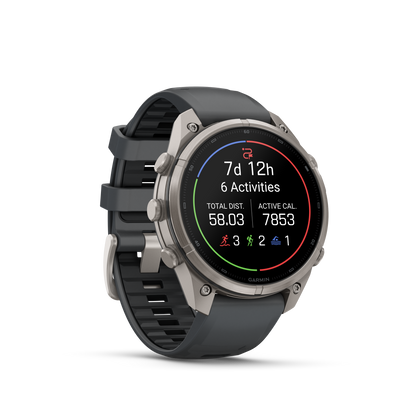 Garmin Fenix 9 Pro AMOLED smartwatch, 47mm titanium case with graphite and black silicone band.