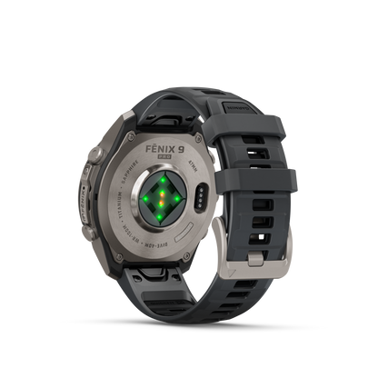 Garmin Fenix 9 Pro AMOLED 47mm titanium smartwatch with graphite and black silicone band