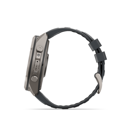 Garmin Fenix 9 Pro inReach AMOLED 51mm DLC Titanium smartwatch with graphite and black silicone band.