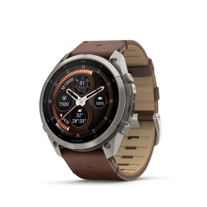 Garmin Fenix 9 Pro inReach AMOLED smartwatch with 51mm titanium case and walnut leather plus gray-silver silicone strap
