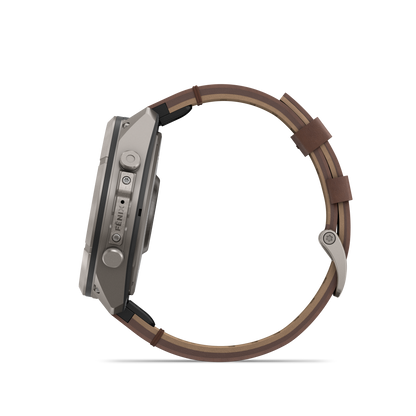 Garmin Fenix 9 Pro inReach AMOLED 51mm titanium smartwatch with walnut leather and gray-silver silicone band