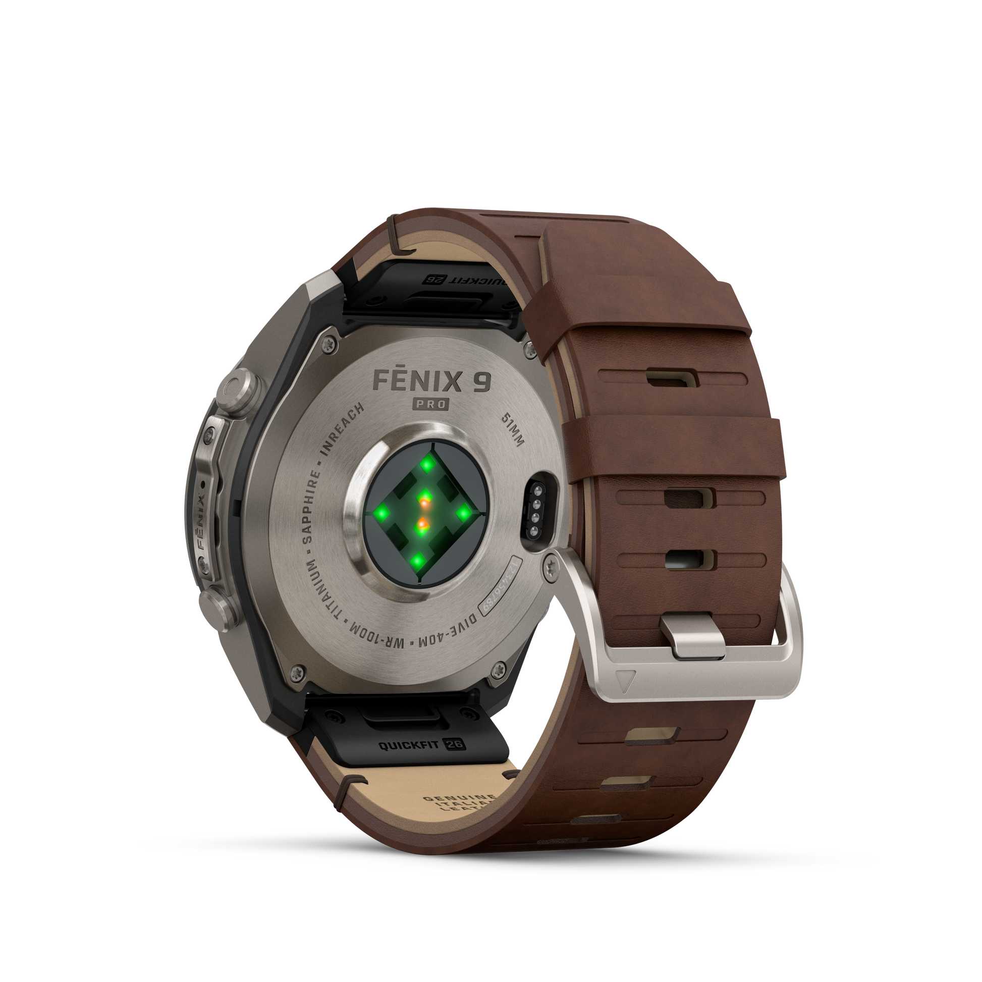 Garmin Fenix 9 Pro smartwatch with walnut leather strap and gray-silver silicone band, titanium case back.