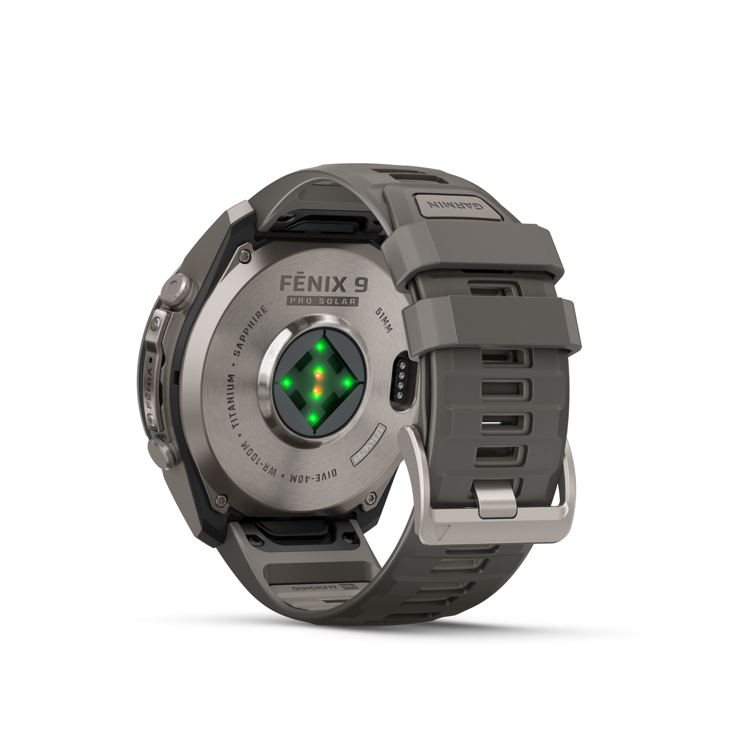 Garmin Fenix 9 Pro Solar titanium smartwatch with gray-silver silicone band, 51mm