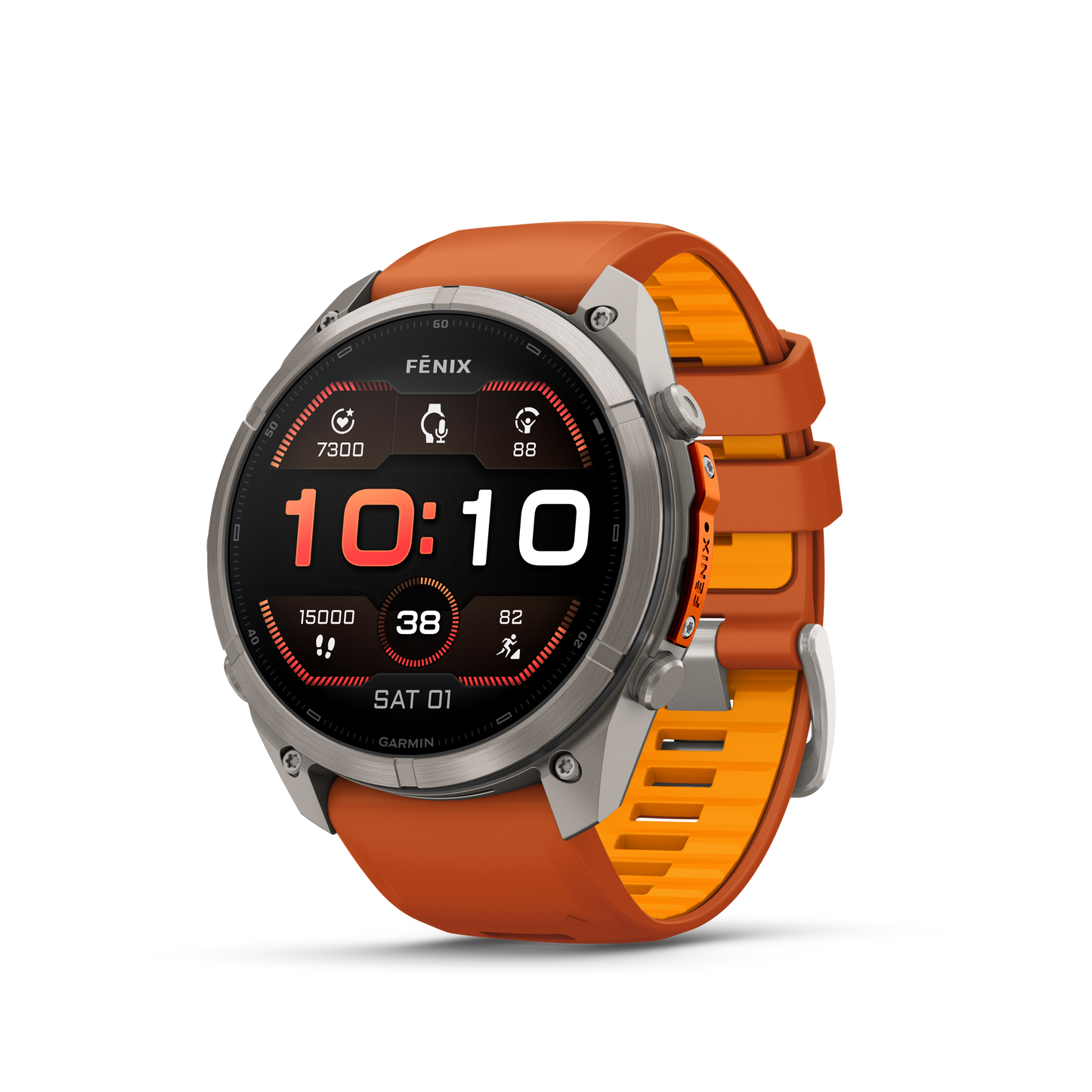Garmin Fenix 9 Pro AMOLED smartwatch with 51mm titanium case and orange silicone band