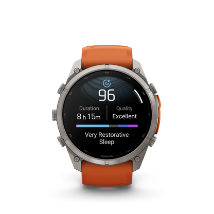 Garmin Fenix 9 Pro AMOLED smartwatch, 51mm titanium case, orange silicone band