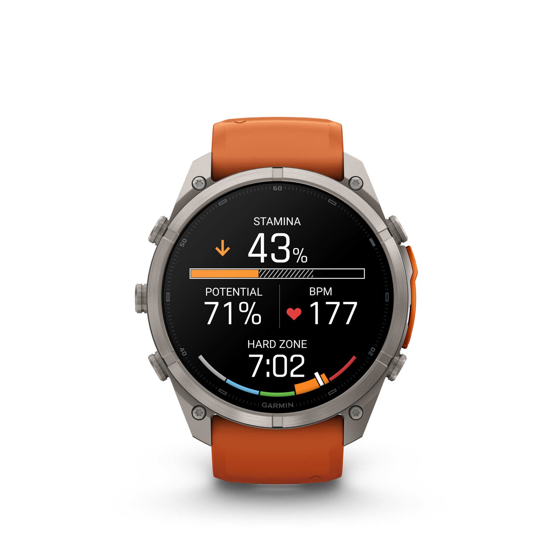 Garmin Fenix 9 Pro AMOLED smartwatch with 51mm titanium case and orange silicone band.