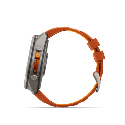 Garmin Fenix 9 Pro AMOLED 51mm titanium smartwatch with orange silicone band