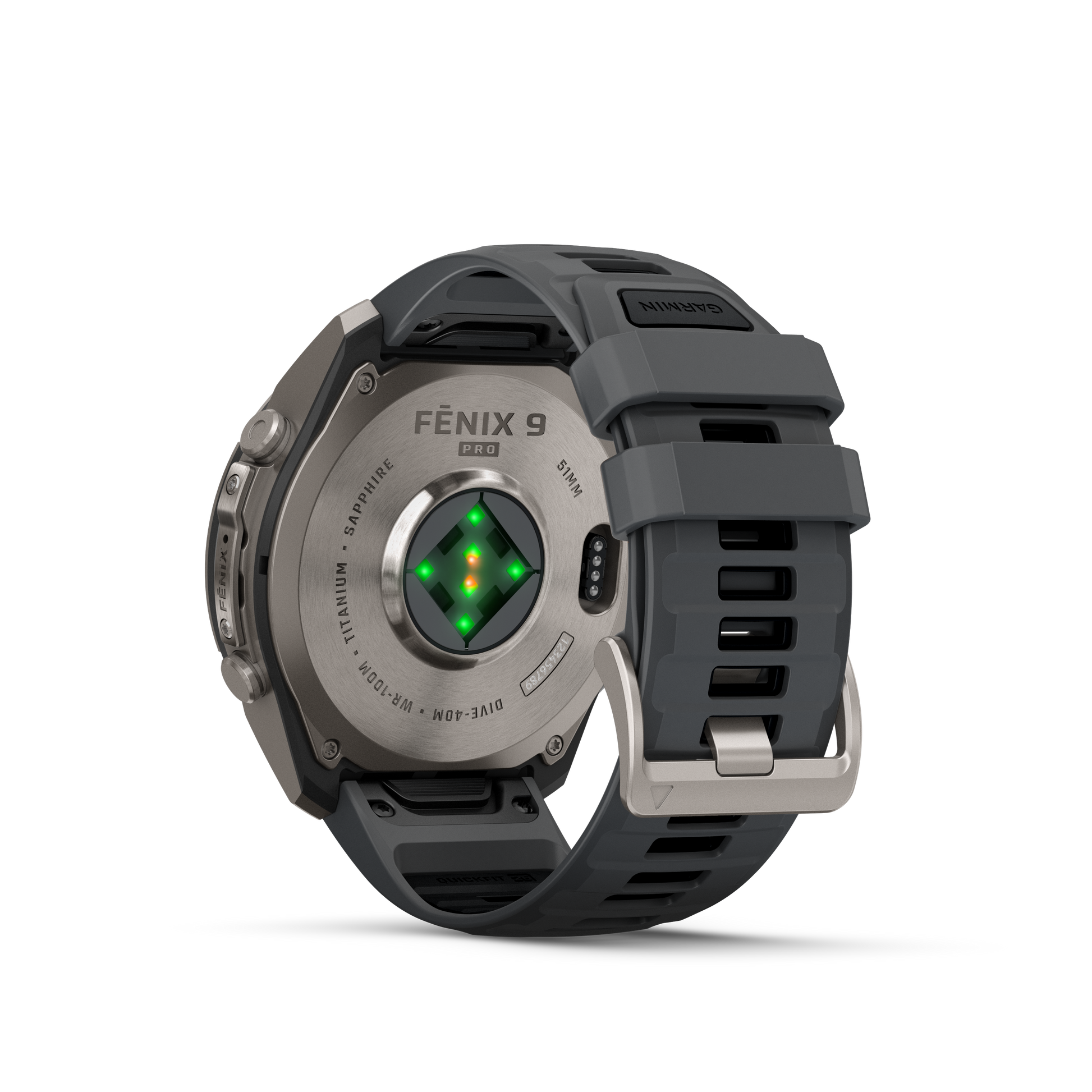 Garmin Fenix 9 Pro titanium smartwatch with graphite and black silicone band