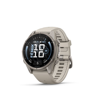 Garmin Fenix 9 AMOLED smartwatch, 43mm titanium case with gray silicone band