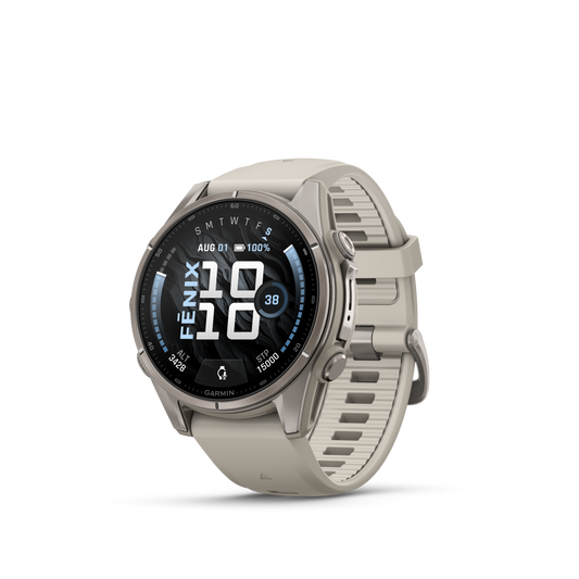 Garmin Fenix 9 AMOLED smartwatch, 43mm titanium case with gray silicone band
